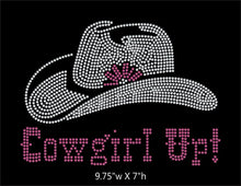 Load image into Gallery viewer, Cowgirl Up with Cowboy Hat - 2 color iron on rhinestone transfer GetTShirty
