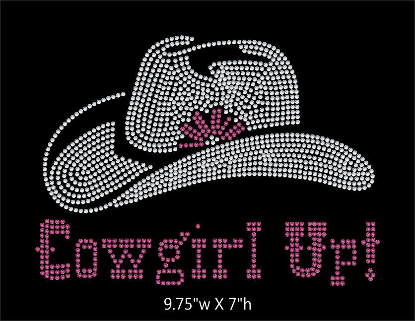 Cowgirl Up with Cowboy Hat - 2 color iron on rhinestone transfer GetTShirty