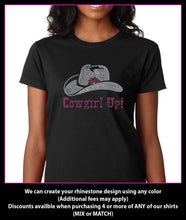 Load image into Gallery viewer, Cowgirl Up with Cowboy hat Rhinestone t-shirt GetTShirty
