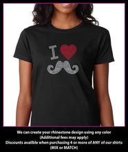 Load image into Gallery viewer, I Heart / Love Mustache Rhinestone T-shirt GetTShirty
