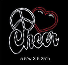 Load image into Gallery viewer, Peace Love (heart) Cheer iron on rhinestone transfer bling GetTShirty
