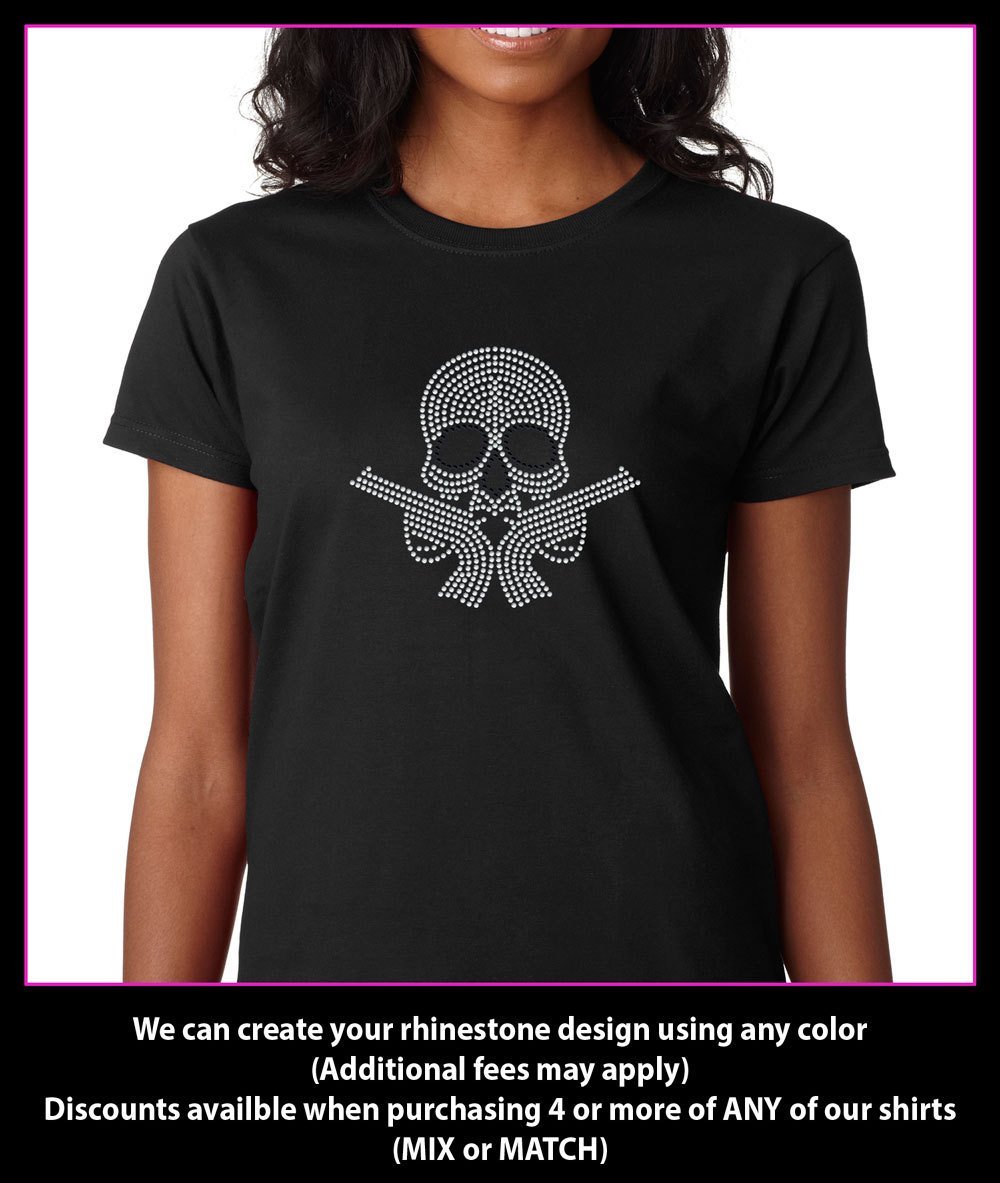 Skull with Guns Rhinestone T-Shirt Bling GetTShirty